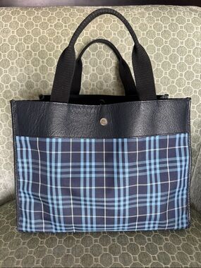 Burberry Blue Navy Plaid Tote with Navy Trim